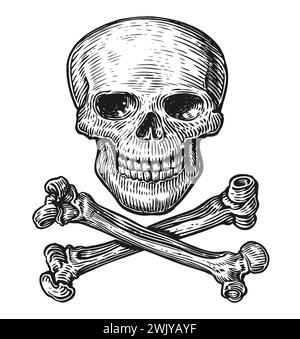 Jolly Roger. Crâne humain dessiné à la main avec des os croisés dans le style de gravure vintage. Illustration vectorielle d'esquisse Illustration de Vecteur