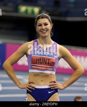 Amy Hunt après avoir remporté le 60 m - finale féminine au cours du premier jour des Championnats britanniques d'athlétisme en salle Microplus 2024 à l'Utilita Arena, Birmingham. Date de la photo : samedi 17 février 2024. Banque D'Images