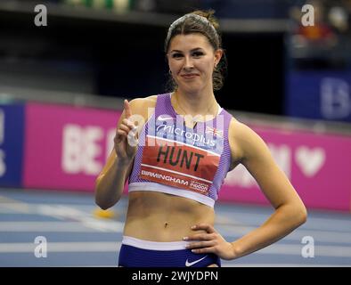 Amy Hunt après avoir remporté le 60 m - finale féminine au cours du premier jour des Championnats britanniques d'athlétisme en salle Microplus 2024 à l'Utilita Arena, Birmingham. Date de la photo : samedi 17 février 2024. Banque D'Images