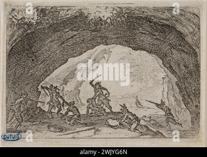 Jacques Callot (1592-1635) Les caprices, la grotte des brigands. Huitième numéro de la suite de 50 pièces gravées à Florence (Lieure 221, Meaume 782). Gravure. 1617. Musée des Beaux-Arts de la ville de Paris, petit Palais. 99605-17 gravure, gravure Banque D'Images