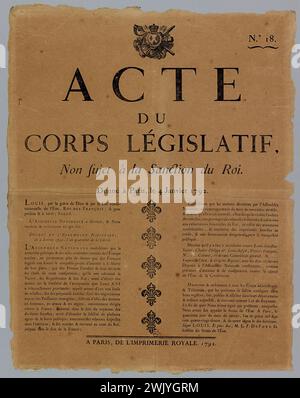 Imprimerie royale, n° .18/ acte/ du corps législatif,/ non soumis à la sanction du roi./ donné à Paris, le 4 janvier 1792. (titre inscrit (lettre)), 1792. Gravure sur bois et typographie. Musée Carnavalet, histoire de Paris. Politique, histoire, Révolution française, 1789-1799, Administration, décret, conspiration, royauté, Louis XVI (Louis Auguste de France) (1754-1793), Marguerite Louis François Duportretre (1754-1793), Louis Stanislas Xavier de France (Louis XVIII) (1755-1824), Charles Philippe de France (Charles X) (1757-1836), Charles Alexandre de Calonne (1734-1802), Jean-Baptiste Lac Banque D'Images