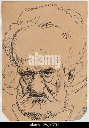 Gill, André (n.1840-10-17-D.1885-05-02), charge portrait de Victor Hugo. Encre noire sur papier beige. Maisons de Victor Hugo Paris - Guernesey. Banque D'Images