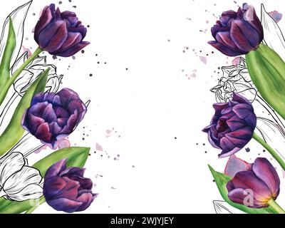 Cadre de fleurs de tulipes aquarelle. Modèle de fleurs de printemps pour la conception florale pour la saint-valentin, 8 mars, fête des mères, pâques. Bordure de carte de vœux Banque D'Images