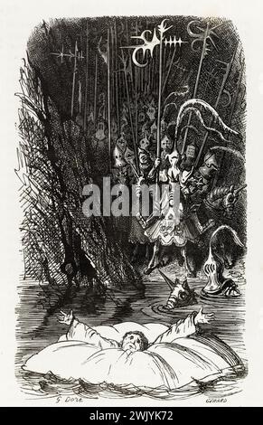 Gustave Doré (1832-1883), designer et Gérard (XIXe siècle), graveur. "Le salut du Moyne Amador." Illustration pour Honoré de Balzac, 'les contes drolatiques', Paris : Société générale de librairie, 1855'. Gravure sur bois. Paris, Maison de Balzac. 101789-18 gravure sur bois, illustration d'une œuvre littéraire, 19e 19e 19e 19e 19e xixe siècle, gravure Banque D'Images