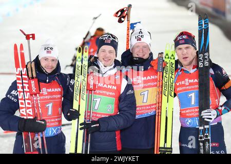 © Pierre Teyssot/MAXPPP ; Championnats du monde de biathlon Nove Mesto 2024 IBU . Nove Mesto na Morave, République tchèque, le 17 février 2024. Relais homme 4 x 7,5 km. La Suède gagne devant la Norvège et la France. Sturla Holm Laegreid, Tarjei Boe, Johannes Thingnes Boe et Vetle Christiansen (NOR) © Pierre Teyssot/Maxppp crédit : MAXPPP/Alamy Live News Banque D'Images