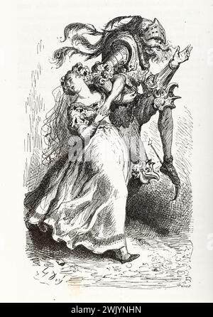 Gustave Doré (1832-1883), designer et Paul Riault (XIXe siècle), graveur. Le Mau-Cingge et Pasquerette. Illustration pour Honoré de Balzac, 'les contes drolatiques', Paris : Société générale de librairie, 1855'. Gravure sur bois. Paris, Maison de Balzac. 101782-3 gravure sur bois, illustration d'une œuvre littéraire, 19e 19e 19e 19e 19e xixe siècle, gravure Banque D'Images
