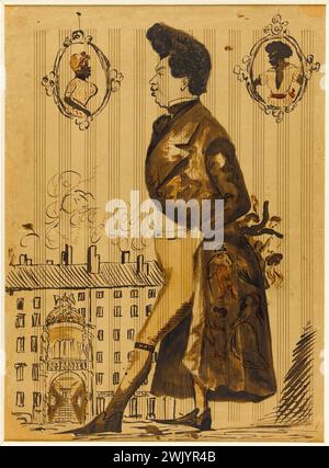 Portrait charge d'Alexandre Dumas. Alexandre Dumas -aussi connu sous le nom Alexandre Dumas Père -écrivain français (1802 -1870). Paris, Musée de la vie romantique. 77220-25 écrivain français, feuille, partition, portrait de charge, caricature Banque D'Images