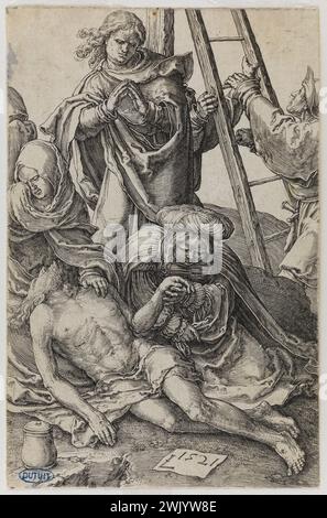 Lucas de Leyde (1494-1533) 'Passion' : 14 assiettes - 11. 'La descente de la Croix' - Bartsch 53. Burin. 1521. Musée des Beaux-Arts de la ville de Paris, petit Palais. 73055-3 Art religieux, Bible, ciseau, chemin de croix, Christ mort, christianisme, croix décente, douleur, école néerlandaise, Stampe, histoire Sainte, iconographie religieuse, impression dans une taille gazeuse, Mont Golgotha, Art de l'oeuvre, passion du Christ, caractère biblique , récite biblique, scène biblique, 8ème 8ème 8ème 8ème 8ème 8ème arrondissement, 16ème 16ème XVI 16ème 16ème Centre, gravure Banque D'Images