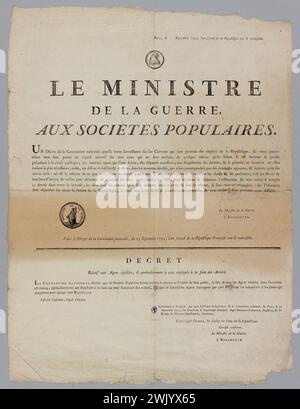 Anonyme, Paris, septembre [sic] 1793. La deuxième année de la République an & indivisible. (Titre inscrit (lettre)), 1793. Gravure sur bois et typographie. Musée Carnavalet, histoire de Paris. Politique, histoire, Révolution française, 1789-1799, Administration, décret, Convention nationale, Ministère, Guerre, Ministre, Jean Baptiste Noël Bouchotte (1754-1840), Jacques Nicolas Billaud-Varenne (1756-1819), Louis Jérôme Gohier (1746-1830), Dominique Vincent Ramel de Nogaret (1760-1829), Charles François Jean Pérard (1760-1833), affiche typographique, motif décoratif Haut Centre Phrygien Bonnet dans un cir Banque D'Images