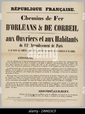 Imprimerie centrale de Napoléon Chaix, République française./ Rail/ Orléans chemins & de Corbeil/ aux ouvriers et aux habitants/ du 12ème arrondissement de Paris/ et à toutes les communes situées sur le tracé des chemins de fer d'Orléans et de Corbeil (titre nominatif), 1848. Musée Carnavalet, histoire de Paris. Banque D'Images