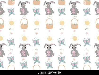 Modèle de Pâques avec lapin de Pâques, panier, papillons sur fond blanc. Illustration de Vecteur