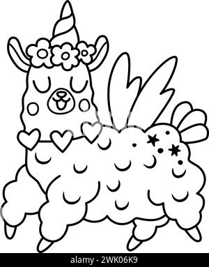 Vecteur licorne de lama heureux noir et blanc. Animal fantastique avec corne arc-en-ciel, fleurs sur la tête, ailes, étoiles. Personnage de ligne de conte de fées pour les enfants. Cartoo Illustration de Vecteur