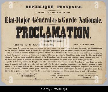 Imprimerie Paul Dupont, République française./ liberté, Egalite, Fraternité./ et-Major général de la Garde nationale./ Proclamation./ Paris, 31 mars 1848. (Titre inscrit (lettre)), 1848. Typographie. Musée Carnavalet, histoire de Paris. Banque D'Images