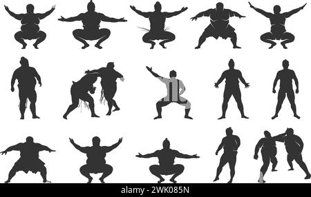 Silhouette de lutteur sumo, silhouettes de lutte sumo, silhouette de sumo, silhouette d'athlète sumo, ensemble d'icônes de lutteur sumo Illustration de Vecteur