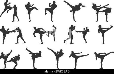 Silhouette de kickboxing, silhouette de kickboxer, silhouettes de kickbox, Kickboxing, clipart de kickboxing. Illustration de Vecteur