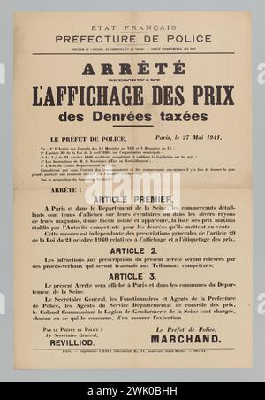 Imprimerie Chaix, Etat / Préfecture de police / Direction de l'hygiène, du commerce et du travail - Comité Départemental des prix / Stop / planification / affichage des prix / denrées alimentaires taxées (titre enregistré (lettre)), 1941. Typographie. Musée Carnavalet, histoire de Paris. Banque D'Images