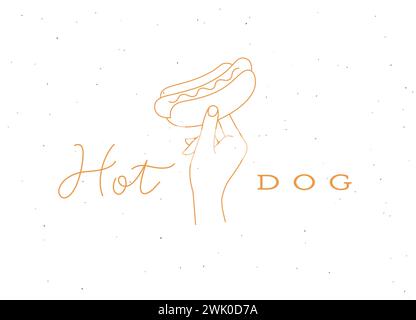 Main tenant hot dog avec saucisse et lettrage dessin dans un style linéaire sur fond clair Illustration de Vecteur