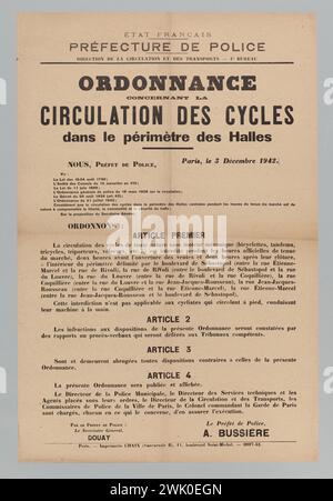 Imprimerie Chaix, Etat / Préfecture de police / Direction de la circulation et des transports - 1er Bureau / arrêté / concernant les cycles / dans le périmètre des Halles (titre nominatif (lettre)), 1942. Typographie. Musée Carnavalet, histoire de Paris. Banque D'Images