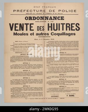 Imprimerie Chaix, Etat français/ Préfecture de police/ Direction de l'hygiène, du commerce et des travaux/ commande/ relative à la/ vente d'Ouvres/ Mouls et autres coquillages (titre enregistré (lettre)), 1941. Typographie. Musée Carnavalet, histoire de Paris. Banque D'Images