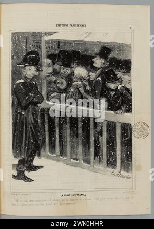 Daumier, Honoré (n.1808-02-26-D.1879-02-10), la queue devant le spectacle (titre enregistré (lettre)). Lithographie en noir et blanc sur journal. Maison Balzac. Banque D'Images