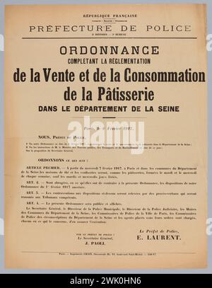 Imprimerie Chaix, République française/ liberté - Egalité - Fraternité/ Préfecture de police/ 2ème Division - 3ème Bureau/ ordre/ compléter le règlement/ vente et consommation/ pâtisserie/ dans le département de la Seine (titre nominatif ( lettre)), 1917. Typographie. Musée Carnavalet, histoire de Paris. Banque D'Images