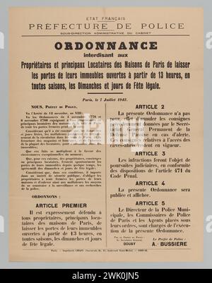 Imprimerie Chaix, Etat français / Préfecture de police / sous-direction administrative du Cabinet / ordonnance / interdiction aux / propriétaires et principaux locataires des maisons de Paris (titre inscrit (lettre)), 1942. Typographie. Musée Carnavalet, histoire de Paris. Banque D'Images