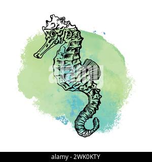 Hippocampe, graphismes. Illustration vectorielle avec un point bleu sur le fond. Cartes, couvertures, affiches nautiques, bannières, emballages, étiquettes. Illustration de Vecteur