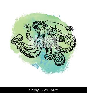 Graphismes Octopus. Illustration vectorielle avec un point bleu sur le fond. Élément de conception pour cartes, couvertures, affiches, bannières, emballages, étiquettes. Illustration de Vecteur