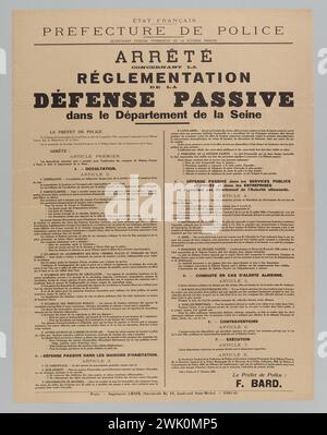 Imprimerie Chaix, Etat français/ Préfecture de police/ Secrétariat général permanent de la Défense passive/ Stop/ concernant/ réglementation/ Défense passive/ dans le département de la Seine (titre enregistré (lettre)), 1941. Typographie. Musée Carnavalet, histoire de Paris. Banque D'Images