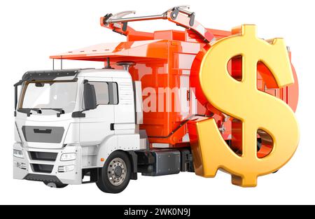 Camion poubelle avec symbole dollar, rendu 3D isolé sur fond blanc Banque D'Images