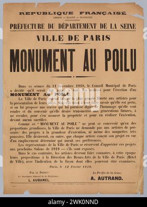 Imprimerie Paul Dupont, République française/ liberté - Egalite - Fraternitis/ Préfecture du Département de la Seine/ ville de Paris/ Monument au Poilu (titre inscrit (lettre)), 1919. Typographie. Musée Carnavalet, histoire de Paris. Banque D'Images