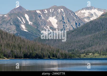 La chaîne de montagnes Majestic Never Summer Mountain Range s'élève au-dessus du long Draw Reservoir, Colorado. Banque D'Images