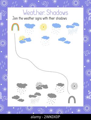 Éléments météorologiques et ombres jeu de correspondance, vocabulaire topique apprentissage enfants activité feuille de travail imprimable, puzzle d'activité éducative ou de loisirs illustration vectorielle saisonnière simple, ressources pour enseignants Illustration de Vecteur