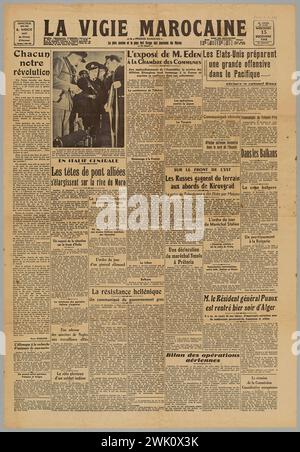 Imprimeries de l'accueil marocain et du petit marocain (n. - D.), Journal la Vigie marocaine (et le plus ancien progrès marocain et le plus fort dessin des journaux au Maroc) n°11,939 (titre décerné), 1943- 12-05. Papier imprimé. Musée de la libération de Paris - Musée général Leclerc - Musée Jean Moulin. Banque D'Images