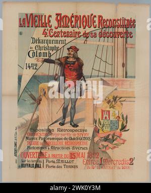 Anonyme, l'ancienne Amérique reconstituée / 4e. Centenaire de sa découverte/ atterrissage/ de Christophe/ Columbus/ 1492/ exposition rétrospective/ Orchestre dirigé par Ch. De Sivry/ Musée panoramique du Ch. De Genois/ Théâtre de Retrospectiv Sorcery publicité, spectacle, exposition, concert, panorama, théâtre, Paris, 17ème arrondissement, centenaire, reconstruction, rétrospective, Charles Albert de Saint Genois (v.1855-1918), personnage de Christophe Colomb (1451-1506) sur son bateau, une main sur une carte, l'autre pointée vers l'horizon, armoiries Banque D'Images