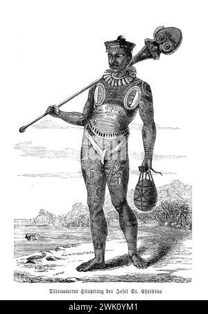 Polynésie française Christina Island, portrait du chef de tribu tatoué, avec le corps complètement recouvert de marques similaires au travail en filigrane, illustration du XIXe siècle Banque D'Images