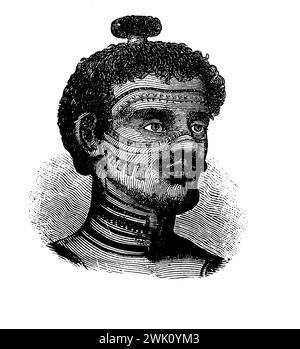 Coiffure et décoration tatouage d'un natif des îles Marquises de la Polinésie française, illustration du XIXe siècle Banque D'Images