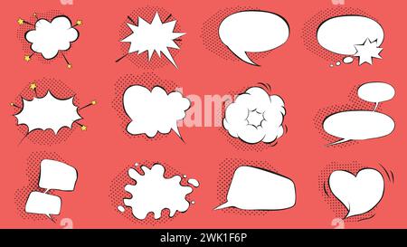 Collection de bulles de bande dessinée. Bulles de pensée vides de style rétro, bulles de parole, zone de texte, zone de discussion, boîte de message avec des ombres demi-teintes. Illustration de Vecteur