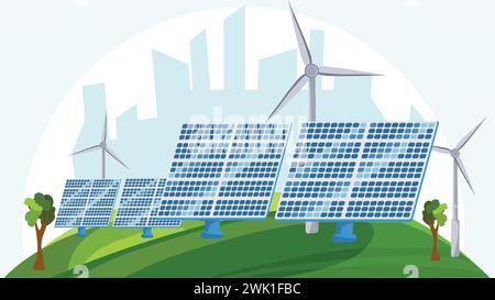 Panneaux solaires, éoliennes sur fond de prairies verdoyantes et silhouette de ville. Énergies renouvelables, énergies vertes, écologie, nature et technologie Illustration de Vecteur
