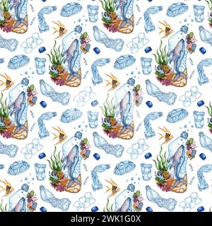 Motif d'illustration d'aquarelle baleine dans la bouteille et les déchets en plastique, pollution de l'océan avec des déchets en plastique. Produits en plastique recyclables. Isolé sur blanc Banque D'Images