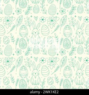 Motif illustré à la main composé de lapins mignons, d'œufs de Pâques décorés et d'un assortiment de fleurs et de feuilles, le tout rendu dans un vert apaisant Illustration de Vecteur