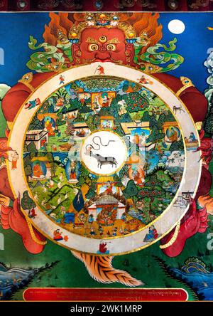 Une murale aux couleurs vives représentant la roue tibétaine de la vie dans le bouddhisme décore un mur du monastère de Tashi Lhunpo à Shagatse, au Tibet autonome Regi Banque D'Images