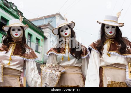 Maragogipe, Bahia, Brésil - 11 février 2024 : des gens vêtus de costumes défilent pendant le carnaval dans la ville de Maragogipe à Bahia. Banque D'Images