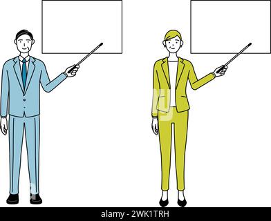 Illustration simple de dessin au trait d'homme d'affaires et de femme d'affaires (senior, Executive, manager) dans un costume pointant sur un tableau blanc avec un indicateur St Illustration de Vecteur