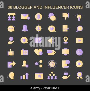 Ensemble d'icônes de blogueur et d'influenceur. Icônes polyvalentes pour la création de contenu, l'engagement du public et l'image de marque personnelle. Outils de marketing numérique et de présence sur les médias sociaux. Illustration vectorielle plate. Illustration de Vecteur