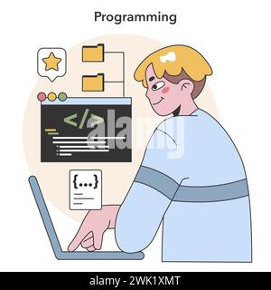 Concept des éléments essentiels de programmation. Codage développeur concentré sur ordinateur portable avec HTML et CSS. Langages de développement logiciel et de programmation. Illustration vectorielle plate Illustration de Vecteur