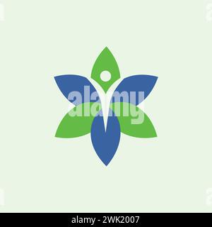 Un logo représentant une fleur avec six pétales bleus et verts et une personne levant les mains dans un espace négatif, conçu dans un style minimaliste. Illustration de Vecteur