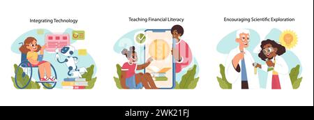 Des illustrations vectorielles lumineuses et engageantes représentent les enfants apprenant la technologie, la littératie financière et la science, mettant l'accent sur l'expérience pratique et l'inclusion dans l'éducation. Illustration vectorielle plate Illustration de Vecteur
