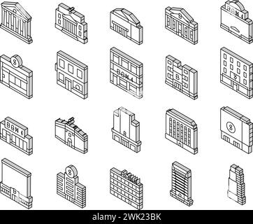 vecteur de jeu d'icônes isométriques d'affaires d'argent de bâtiment de banque Illustration de Vecteur