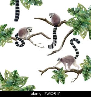 Singes lémuriens assis sur des branches avec des feuilles tropicales scène illustration aquarelle. Animaux de la jungle tropicale Banque D'Images